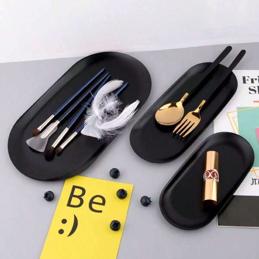 1 件不锈钢黑色椭圆形托盘，用于化妆品和珠宝的桌面整理盘，金属餐盘，返校 - 黑色 - 查看 1