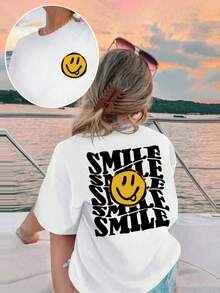 1 件女童休闲笑脸图案圆领短袖 T 恤，富有想象力和自我表达的夏季学生上衣 - 白色 - 查看 3