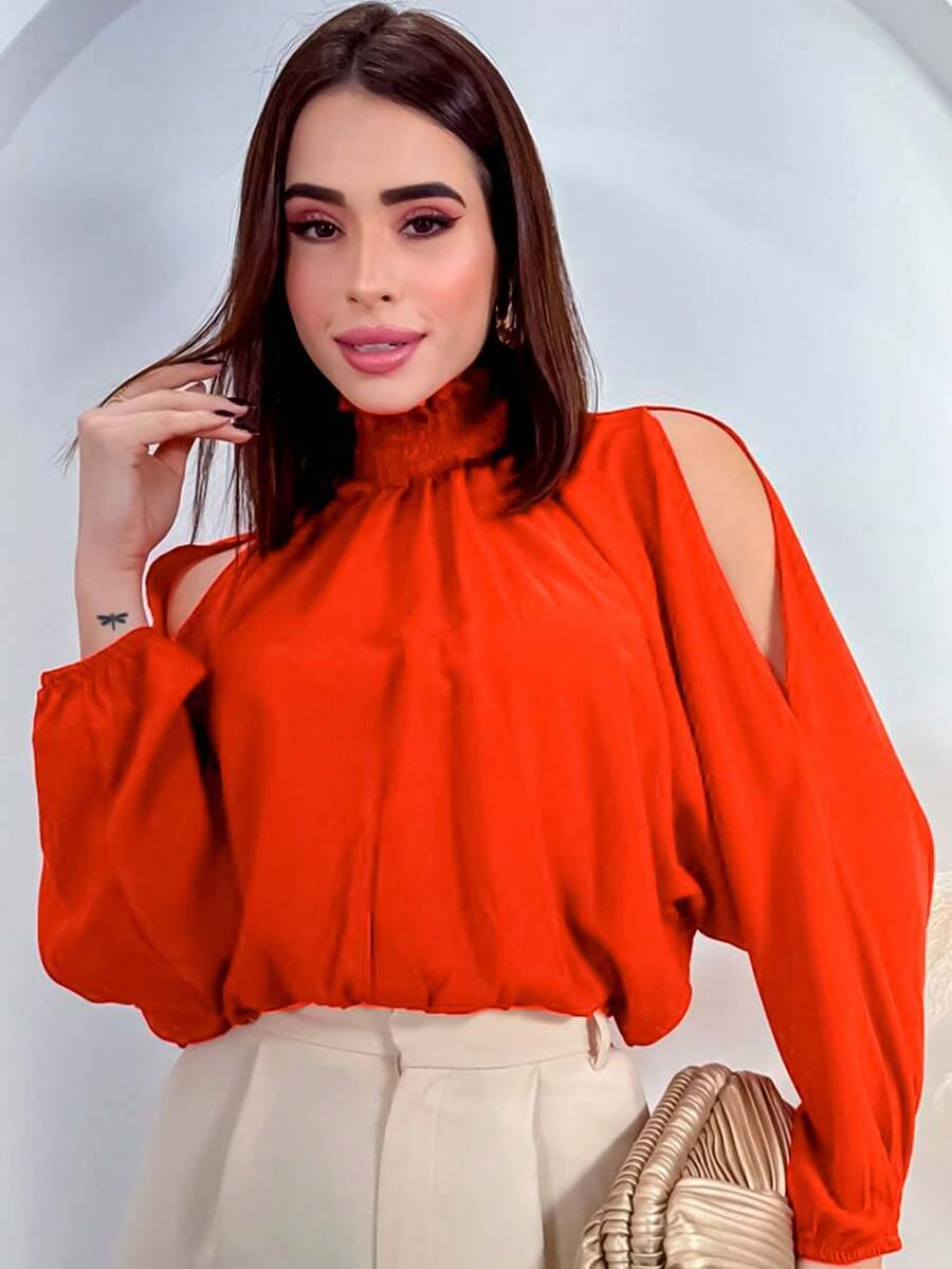Women's Cropped Blouse Long Sleeve Puffed High Neck Ruffled Mother's Day Launch 2025 - Orange - View 1