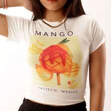 Bulbuuk Camiseta de manga corta con corte slim y estampado de   Mango    Casual    blusas gráficas para mujer  Diario    Todas las temporadas - Blanco - Ver 2
