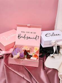 1pc-Customized Name Gift Box, Personalized Bridesmaid Party Gift Box, Customized Double-Sided Gift Box, Personalized Gift Box Lid, Magnetic Customized Gift Box Lid And Ribbon Gift, Magnetic Empty Gift Box, Customized Gift Box, Will You Be My Bridesmaid, Bridesmaid Proposal Box, Perfect Gift For Wedding, Birthday Or Any Other Occasion - Multicolor - View 2