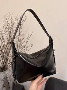 2025 最新款女士单肩包，小巧手提包，设计独特，休闲又时尚，PU 皮革，可调节肩带，宽敞空间，春夏 - 黑色 - 查看 6