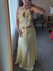 Y2k Maxi Skirt Set For Women Backless Lace Halter Top And Pleated Flowy Skirt Sets Beach Sheer Dress Summer 2 Piece Outfit Beach Set - 黃色 - 查看 6