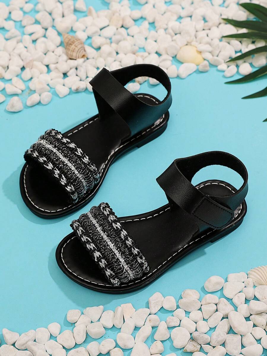 1 Pair Plus Size Black Toddler/Little Girls' Flat Sandals, Featuring Shiny Pearl & Butterfly Decor, Elastic Strap, Round Toe, Non-Slip, Fashionable And Cute Roman Style Sandals Suitable For 3-15 Years Old Girls, Daily, Party, Vacation, Casual Wear, 2025 New Arrival - Black - View 1