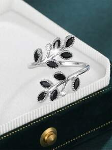 1pc Luxury Leaf Design Copper Exquisite Ring, Fashion Celebrity Same Style, Suitable For Women Business, College, Holiday, Party Or Daily Wear (Factory Direct) - 313 Black Zirconium/Silver - View 17