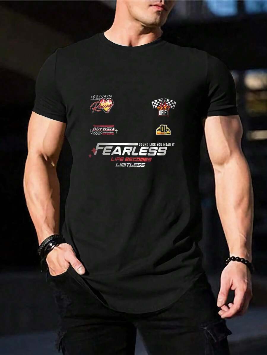 Camiseta de carreras sin miedo para hombre - Diseño de derrape en pista de tierra extrema - Camiseta de cuello redondo de algodón suave - Perfecta para fanáticos de las carreras de autos - Camiseta gráfica novedosa genial - Negro - Ver 1