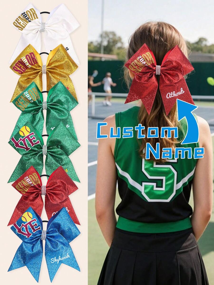 1pc Girls Custom Large Cheer Hair Bows Glitter Ponytail Holder Elastic Band Customized Name For Cheerleading Teen Girls College Sports Multi-Colored - Cheer Bow - View 1