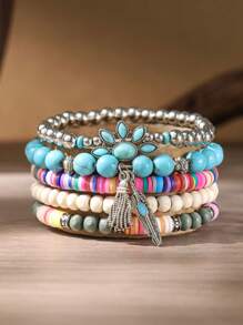 5pcs Bohemian Handmade Beaded Bracelet Imitation Turquoise Bear Paw Feather Design Elastic Stacking For Men And Women Party Music Festival Gifts Denim Western