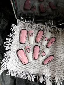 10 件套手工 DIY 心形涂鸦时尚美甲装饰，适合任何季节，包括 1 件凝胶抛光剂和 1 个指甲锉，方便佩戴 - 粉色 - 查看 4