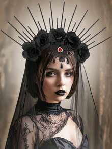 1 件哥特式黑玫瑰花头带，皇冠面纱头饰，适合万圣节、圣诞派对、新娘、角色扮演，优雅黑玫瑰花发带头饰发环服装皇冠、头饰皇冠、婚礼 - 黑色 - 查看 3