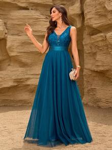 V领无袖刺绣网纱A字型正式伴娘礼服、优雅派对礼服、正式婚礼宾客礼服、毕业典礼礼服、春季晚礼服 - 水鴨藍 - 查看 7