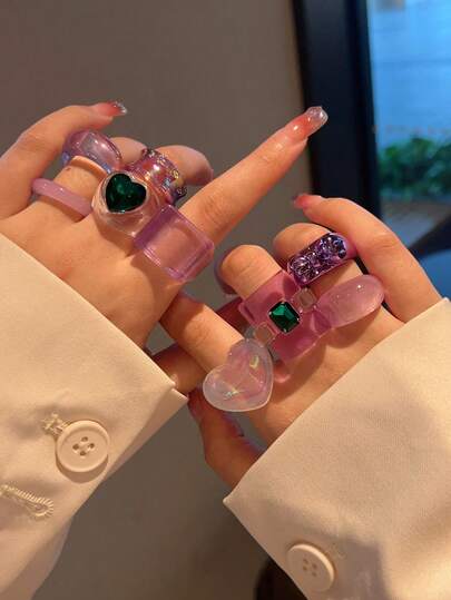 9pcs Fashion Personalized Ring Set, Including Purple Transparent Rings With Heart Design, Wide Rings, Stackable Rings, Jewelry Gift Suitable For Women, Students, Girls, BFFs, For Daily Wear, Parties, Events, Travel