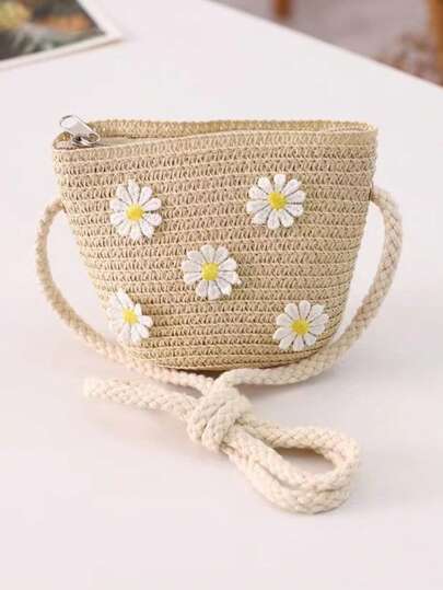 1 Pc Children Lovely Woven Daisy One Shoulder Crossbody Bag, Suitable For Daily Outings