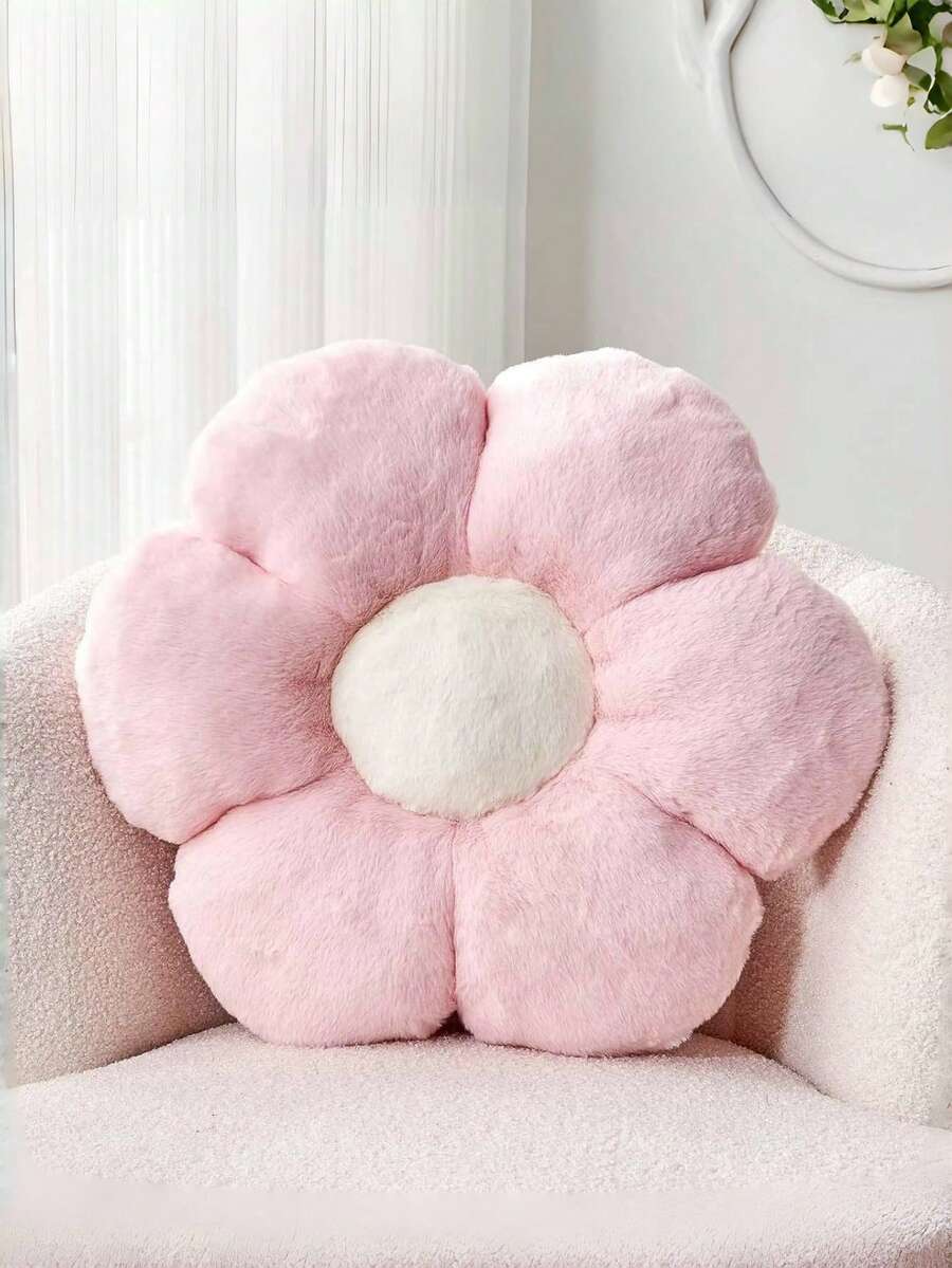 花卉图案抱枕,可爱装饰花朵造型靠垫,仿毛皮材质,柔软花卉毛绒抱枕,落地靠垫,卧室客厅装饰 - 粉紅色白芯 - 查看 1