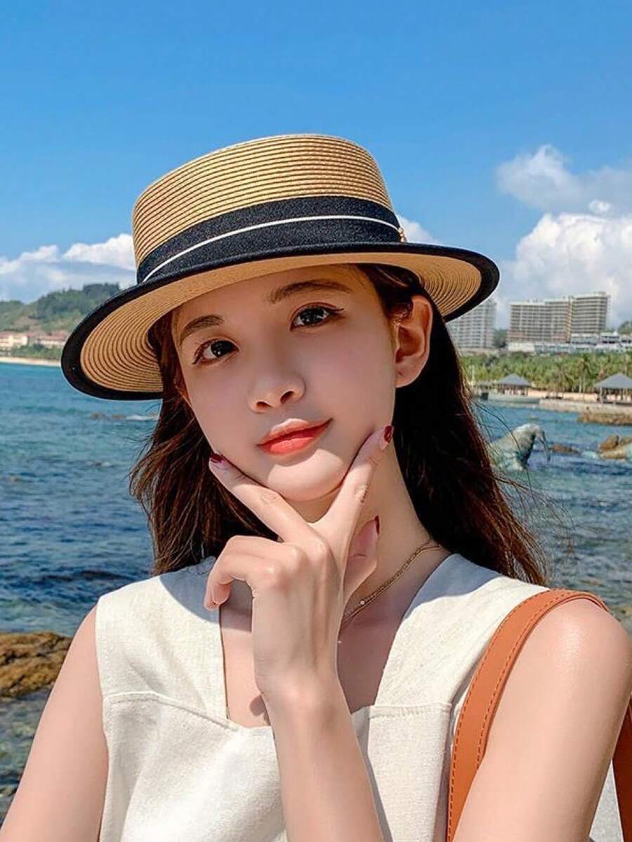 1pc Women's Solid Color Straw Hat, Casual Boho Vintage Royal Style Street Elegant Straw Hat, Summer Beach Sun Hat, UV Protection, Suitable For Everyday Outings - A - View 1