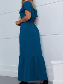 Long Dress In Duna Fabric Lined With Cups And Lining, Women's Fashion, With Side Slit And Back Opening - 水鴨藍 - 查看 4