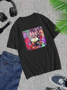 Camiseta gráfica divertida de dibujos animados para hombre - Camiseta negra única de manga corta, perfecta para uso casual, regalo para papá - Negro - Ver 1