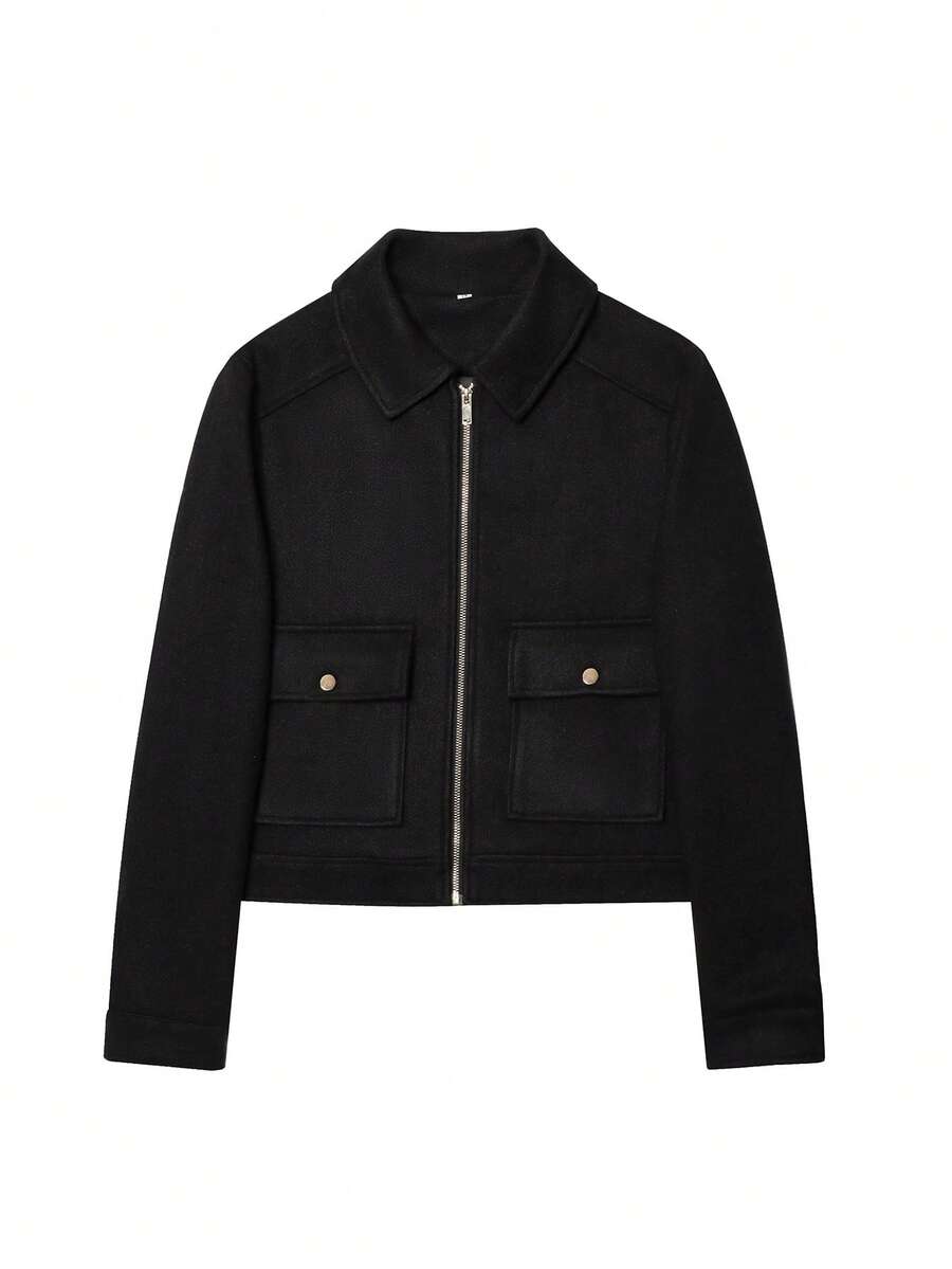 Women's Soft Jacket, New Autumn/Winter Women's Zip-Up Short Jacket, Long Sleeve Pocket Bomber Jacket - Black - View 1