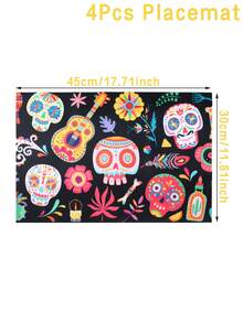 4 piezas Mantilla de seda con patrón de guitarra esquelética colorida, estilo mexicano, mantel ideal para el Día de Muertos mexicano, decoración de la mesa del hogar, suministros para festivales mexicanos y reuniones familiares - Multicolor - Ver 3