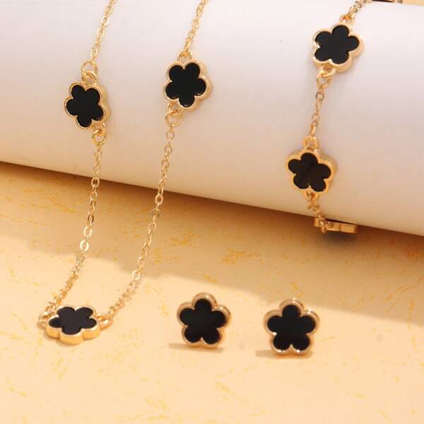 3 Peças/Conjunto Elegante e Da Moda Conjunto de Joias Flor de 5 Folhas da Sorte, Adequado para Uso Diário, Festa, Feriado, Presente de Aniversário