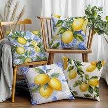 4 pièces Set de housse de coussin thème citron bleu d'été, imprimé sur un seul côté en velours pêche, 45*45CM/18*18 pouces, pour la décoration d'un canapé moderne, la décoration de fête, un cadeau