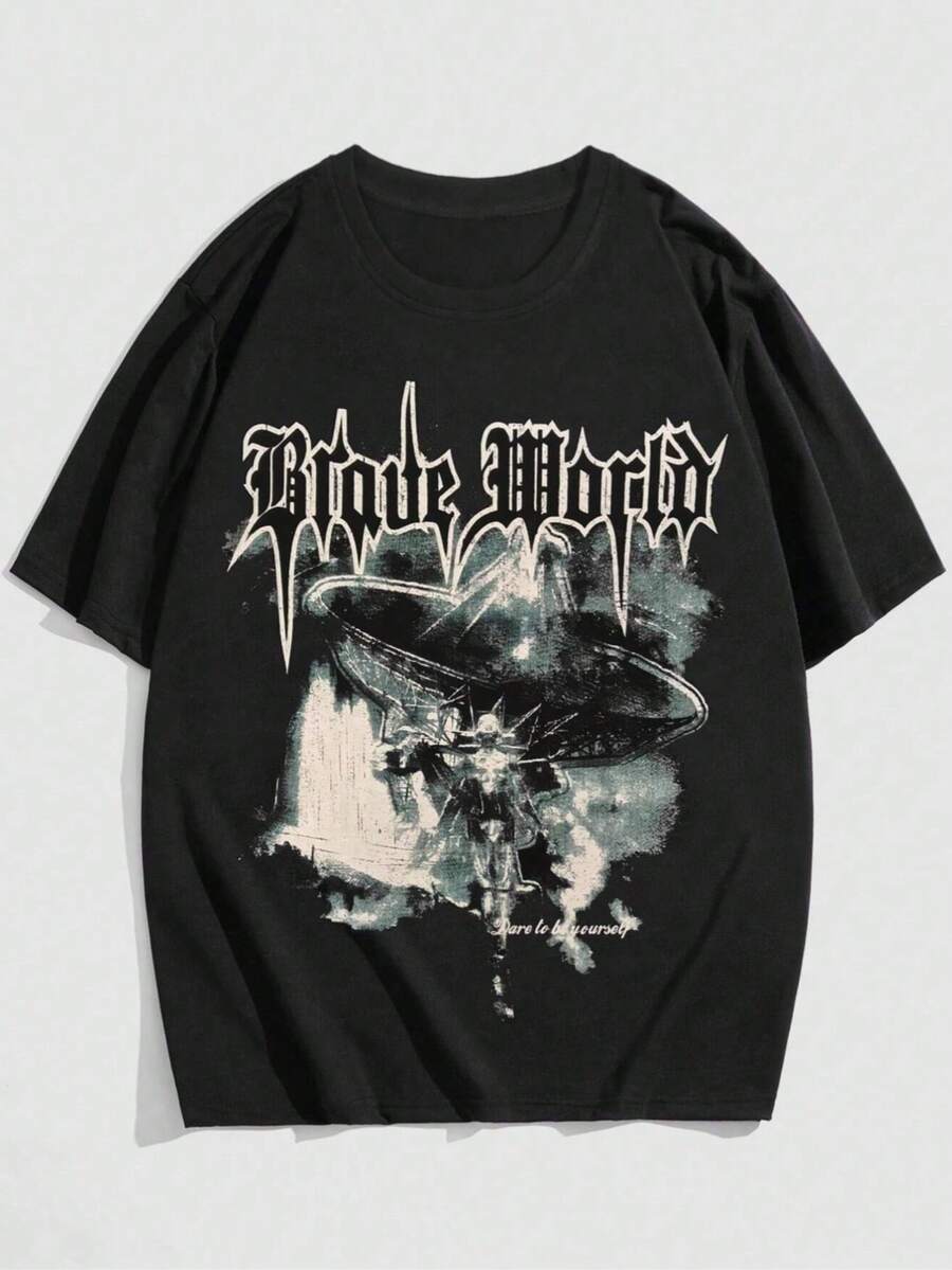 Fashion New Men's Breathable Short Sleeve T-Shirt Summer High Quality Round Neck  Print Sport Top' + White Black T-shirt with Gothic Print, Suitable for sports and daily casual wear styles - Negro - Ver 1