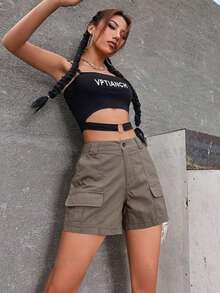 Cargo Shorts For Women Casual Summer Elastic High Waisted Button Up Comfy Cotton Hiking Shorts With Pockets - 棕色 - 查看 4