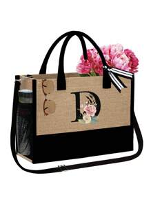 1 set, Bolso de mano tipo tote con estampado de flores con inicial A y correas para el hombro & Set de bolsas de maquillaje con iniciales de la A a la Z, bolso de regalo personalizado con bolsillos laterales, bolso de playa con pañuelo, bolsos de almacenamiento portátiles y de ocio, bolsas de compras multifuncionales, bolsa de almacenamiento simple para viajes
