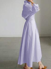 新款春夏V领收腰纽扣装饰连衣裙，通勤款 - 淡紫色 - 查看 3