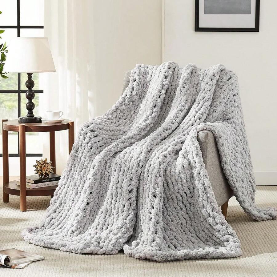 Chunky Knit Blanket - Soft Chenille Yarn Throws 40x50: Handmade Thick Cable Crochet Blanket - Large Chunky Yarn Rope Knot Throw For Couch, Sofa, Bed Home Decor - 灰色 - 查看 1