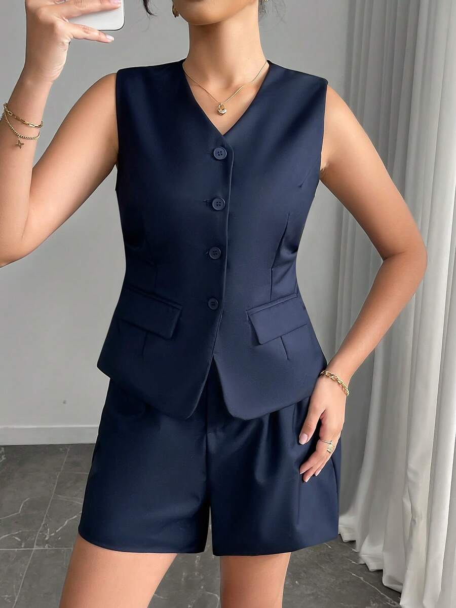 Frühling/Sommer Neu Modisch Elegantes Taillen raffendes Weste & Kurze Hose Set mit Gummibund, einfarbiger plissierter Anzug, geeignet für Strand, Abenddate, Büro, Zuhause, Straße, Garten und formelle Abendveranstaltungen