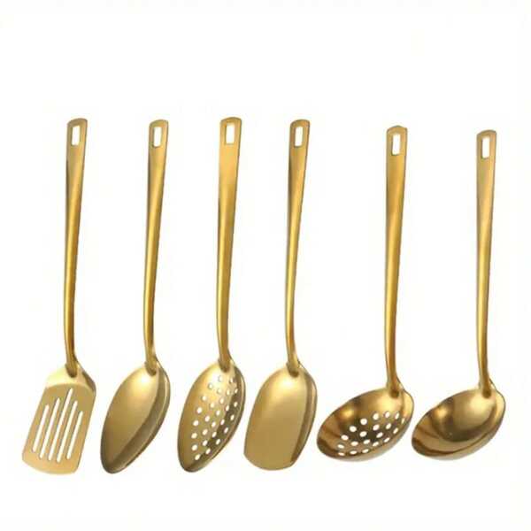 Juego de 6 piezas de utensilios de cocina de acero inoxidable chapados en oro - Incluye cuchara de sopa, colador, pala de freír y talla grande - Herramientas de cocina esenciales para chefs de hogar, suministros escolares