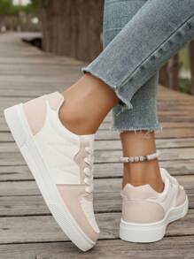 Women's Sports Casual Sneakers, Perforated Bicolor Design White Flat Sports Shoes, Soft Bottom Lightweight, Versatile Casual White Shoes