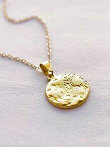 MECYLIFE 1pc Stainless Steel Round Moon Sun Star Pendant Necklace, Simple Design Women Necklace - Yellow Gold - View 12