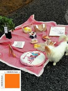 1 pieza Manta de picnic tejida a cuadros rosados, estilo granja americana con encaje, gruesa y de uso múltiple para campamento, playa, sofá, comidas al aire libre y relajación, decoración del hogar