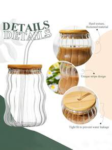 1 件 550ml 创意形状玻璃杯，带竹盖和吸管的美观饮水杯，水杯，冰咖啡杯，果汁杯，奶茶波霸杯，可重复使用的玻璃杯，夏季饮料玻璃器皿，竹盖杯，适合家庭、办公室、派对、生日乔迁礼物，罗纹/光滑款式