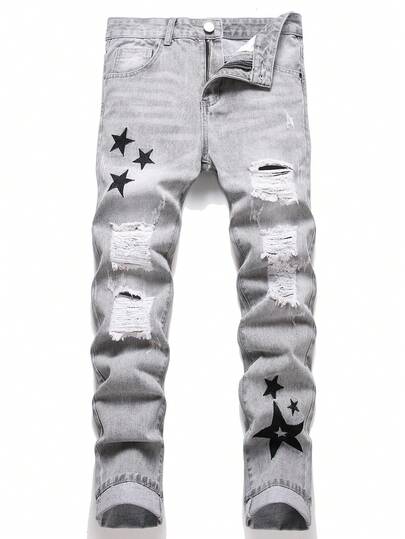 Men's Slim Fit Ripped Jeans - Soft Gray Distressed Denim With Star Embroidery.StraightLeg Cotton Blend Pants, Machine Washable Street Fashion