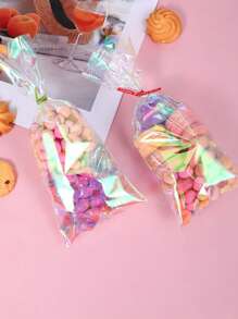 50 pièces Sacs en cellophane pour friandises, sacs en cellophane irisés holographiques, sacs à cadeaux avec liens torsadés, pour fête d'anniversaire, mariage, Fête des mères, Noël, Saint-Valentin