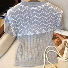 2 Pieces Lace Cape Short Sleeve Form-Fitted Collegiate Style Casual Wear Set, For Summer - Grey - View 5