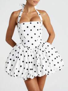 Women's Y2K Halter Corset Mini Dress Backless Corset Bubble Ruched Waist Club Party Dresses - Black and White - View 1