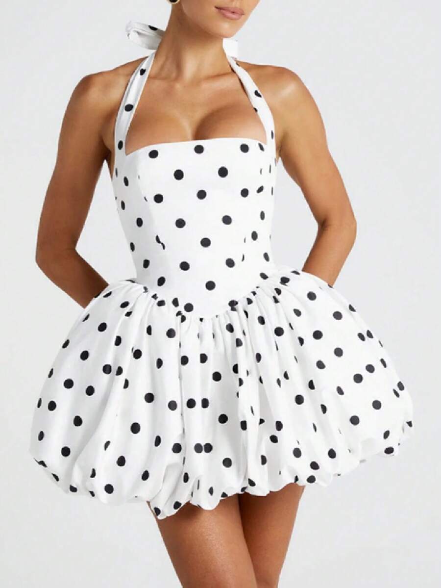 Women's Y2K Halter Corset Mini Dress Backless Corset Bubble Ruched Waist Club Party Dresses - Black and White - View 1