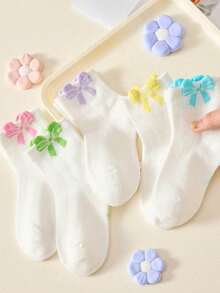 3 pares de calcetines de niña de media caña con diseño de lazo 3D en colores aleatorios y variados, adecuados para uso diario en todas las estaciones - Multicolor - Ver 7