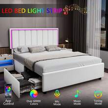 LED Bad Frame With 4 Drawers, Modern Bed Frame With Headboard, Upholstered Bed Frame With Wooden Slats Support, Full/ Queen/ King, White/ Black ( USB LED Strip) - 白色 - 查看 2