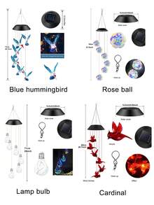 1 件变色太阳能风铃螺旋旋转风移动便携式防水户外装饰浪漫风铃灯适用于露台庭院花园家居（水晶球、红雀、蜻蜓、蝴蝶、蜂鸟。）