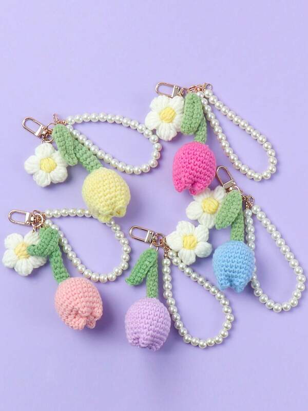 1pc Keychain Handmade Weaving Cute Tulip Flower Keychains Gift For Car Keys Bag Wallet Purse Women Girls,Woven Puff Flower Mobile Phone Bag Pendant Car Accessories Bag Charm School