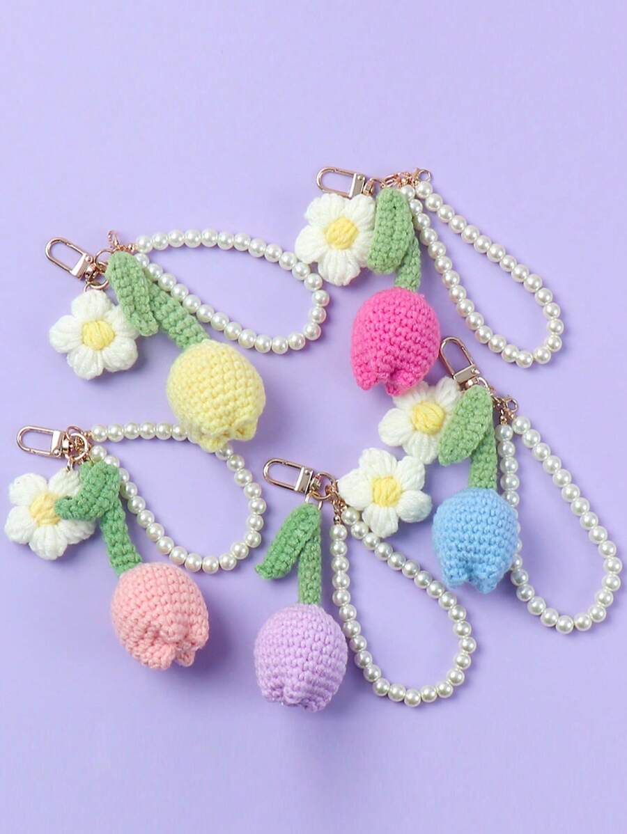 1pc Keychain Handmade Weaving Cute Tulip Flower Keychains Gift For Car Keys Bag Wallet Purse Women Girls,Woven Puff Flower Mobile Phone Bag Pendant Car Accessories Bag Charm School