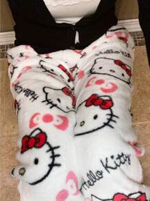 Sanrio 1 pieza Pantalones de pijama suaves de franela con estampado de Hello Kitty con licencia para mujeres, forrados térmicos, ropa de estar en casa cálida y casual, adecuado para primavera/otoño, estampado de dibujos animados, regalo de moda para amigos, novia, Acción de Gracias, Navidad, Halloween