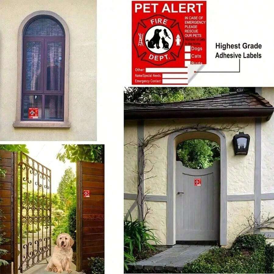 4pcs Pet Warning Stickers - Fire Alarm Rescue Stickers - Waterproof Stickers, To Save Our Cats/Dogs Pets In Fire Emergency, Firefighters Will See The Alert From Windows, Doors Or House To Rescue Our Families - Red - View 1