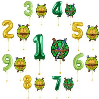 1 套乌龟超级英雄主题剑系列绿色、柠檬绿、金色数字彩色派对气球套装，家庭生日派对装饰，惊喜沐浴礼物，儿子/女儿礼物，摄影背景装饰