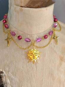 1pc Fashionable Bohemian Resin Crystal Metal Sun Starburst Tassel Pendant Necklace, Women Jewelry For Daily Outfit And Party Accessory - 彩色 - 查看 5